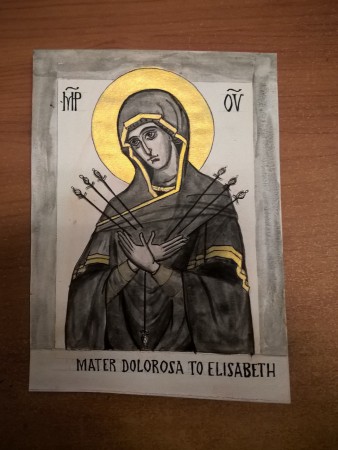 Tuschlavering och akvarellguld på akvarellpapper. Mater Dolorosa med de sju svärden. 
